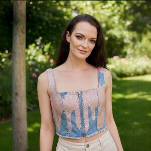 Sugar Thrillz ✦ Sequin Bustier ✦ Pink Sequin Denim Zipper Front Structured Crop